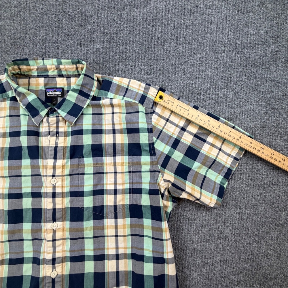 Patagonia Mens Large Plaid Button Front Shirt Green Blue Organic Cotton - Picture 4 of 9